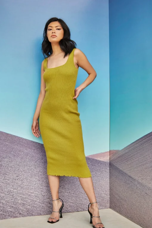 Glamorous Glamorous Care: Our Sustainable Collection|Knitted Dresses|Care Olive Knit Square Neck Midi Dress -