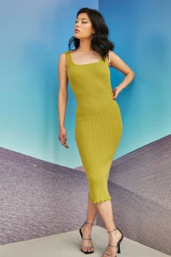 Glamorous Glamorous Care: Our Sustainable Collection|Knitted Dresses|Care Olive Knit Square Neck Midi Dress -