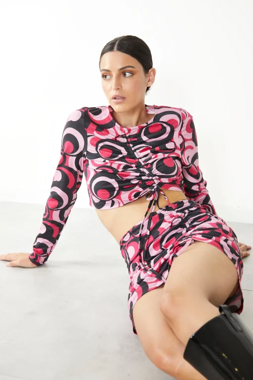 Glamorous Going Out Skirts|Glamorous Care: Our Sustainable Collection|Care Pink Circle Print Drawstring Ruched Mini Skirt -