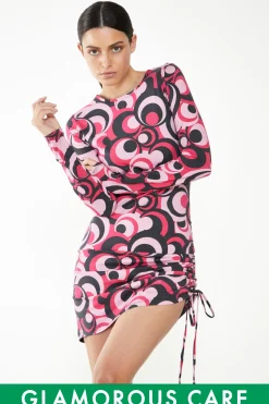Glamorous Glamorous Care: Our Sustainable Collection|Mini Dresses|Care Pink Circle Print Drawstring Ruched Mini Dress -
