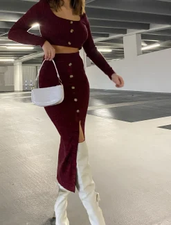 Glamorous Glamorous Care: Our Sustainable Collection|Midi & Midaxi Skirts|Care Plum Melange Front Split Button Front Midi Skirt -