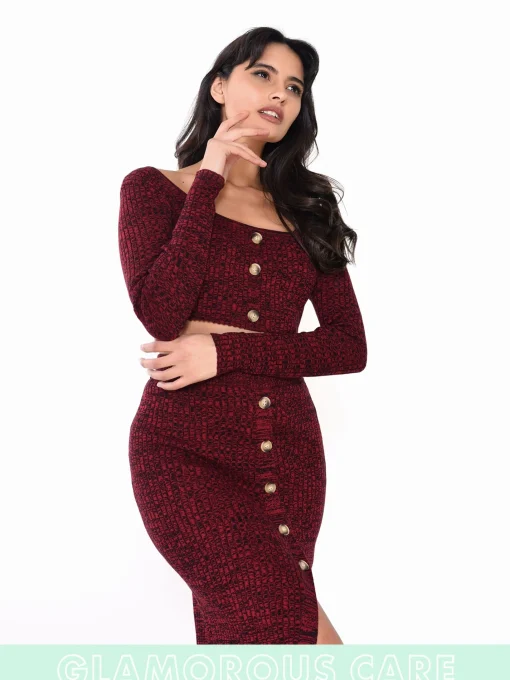 Glamorous Glamorous Care: Our Sustainable Collection|Co-ords|Care Plum Melange Button Front Long Sleeve Crop Top -