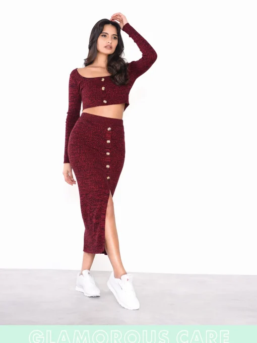 Glamorous Glamorous Care: Our Sustainable Collection|Co-ords|Care Plum Melange Button Front Long Sleeve Crop Top -