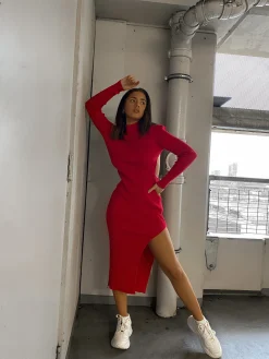 Glamorous Prom|Go To Partywear|Care Poppy Red High Neck Side Split Backless Midi Dress -
