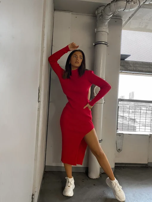 Glamorous Prom|Go To Partywear|Care Poppy Red High Neck Side Split Backless Midi Dress -