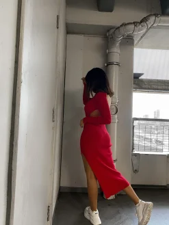 Glamorous Prom|Go To Partywear|Care Poppy Red High Neck Side Split Backless Midi Dress -