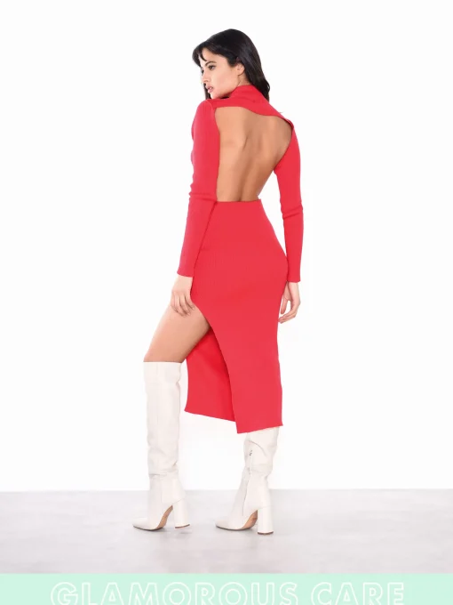 Glamorous Prom|Go To Partywear|Care Poppy Red High Neck Side Split Backless Midi Dress -