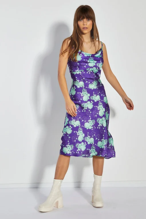 Glamorous Best Dressed Guest|Day Dresses|Care Purple Green Floral Cowl Neck Midi Slip Dress -