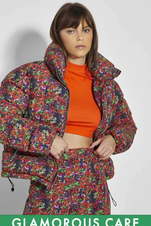 Glamorous Glamorous Care: Our Sustainable Collection|Puffer Jackets|Care Purple Orange Ditsy Padded Puffer Coat -