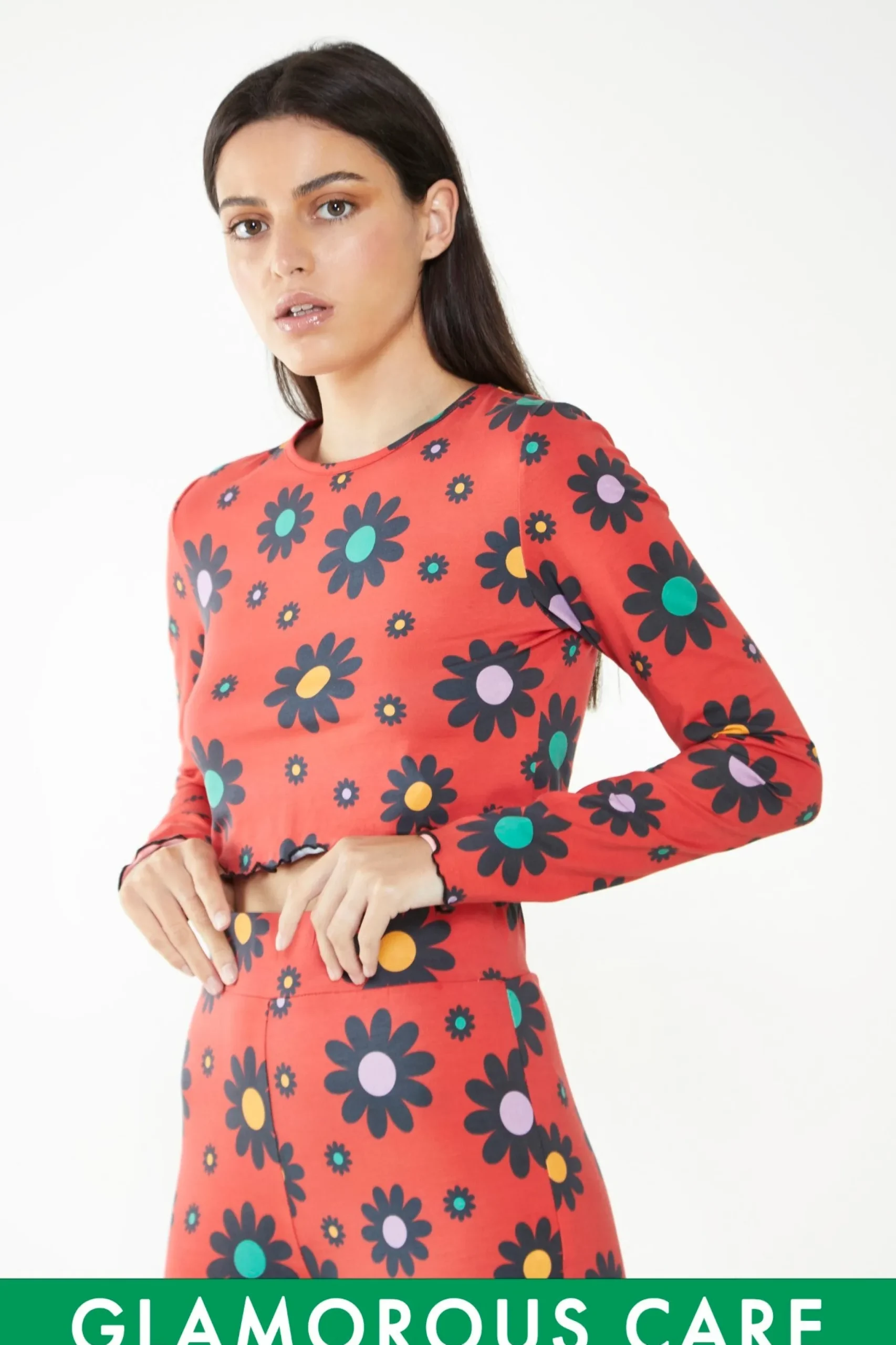 Glamorous Glamorous Care: Our Sustainable Collection|Care Red Bright Daisy Long Sleeve Crop Top -