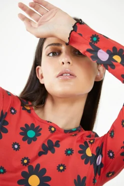 Glamorous Glamorous Care: Our Sustainable Collection|Care Red Bright Daisy Long Sleeve Crop Top -