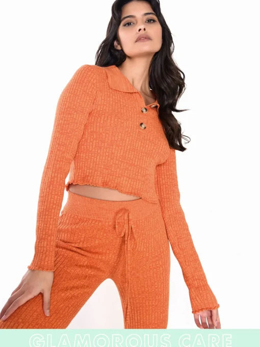 Glamorous Workwear|Glamorous Care: Our Sustainable Collection|Care Rust Melange Button Front Cropped Collar Jumper -
