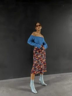 Glamorous Glamorous Care: Our Sustainable Collection|Care Stone Blue Off The Shoulder Ribbed Crop Top -