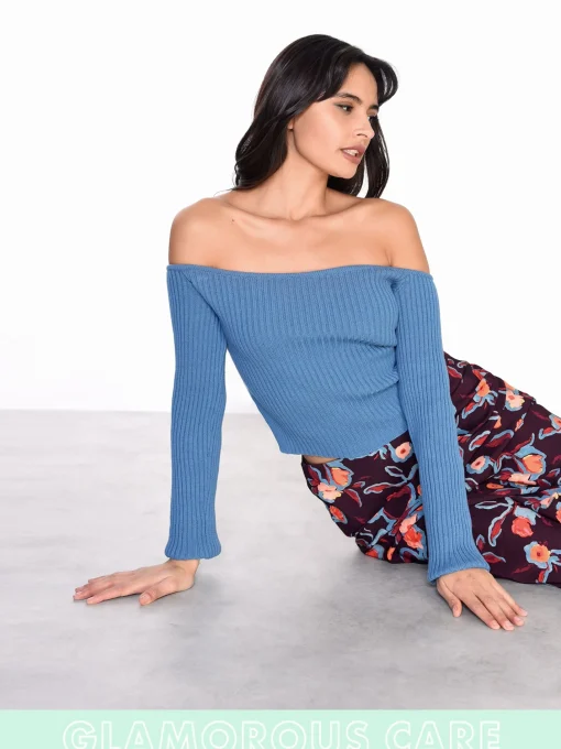 Glamorous Glamorous Care: Our Sustainable Collection|Care Stone Blue Off The Shoulder Ribbed Crop Top -