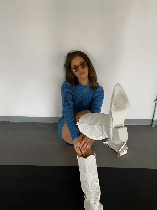 Glamorous Glamorous Care: Our Sustainable Collection|Mini Dresses|Care Stone Blue High Neck Long Sleeve Backless Ribbed Mini D -