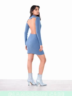 Glamorous Glamorous Care: Our Sustainable Collection|Mini Dresses|Care Stone Blue High Neck Long Sleeve Backless Ribbed Mini D -