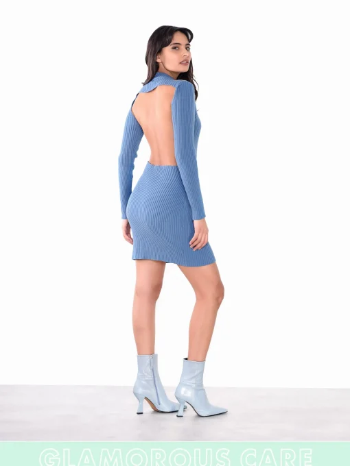 Glamorous Glamorous Care: Our Sustainable Collection|Mini Dresses|Care Stone Blue High Neck Long Sleeve Backless Ribbed Mini D -