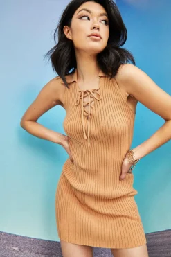 Glamorous Glamorous Care: Our Sustainable Collection|Mini Dresses|Care Tan Tie Front Ribbed Mini Dress -