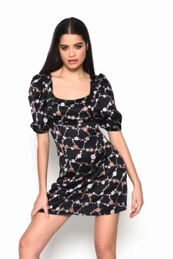 Glamorous Mini Dresses|Mini Dresses|Chain Floral Round Neck Puff Sleeve Mini Dress -