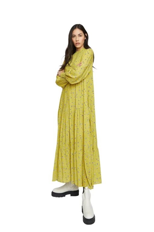 Glamorous Midi & Midaxi Dresses|Midi & Midaxi Dresses|Chartreuse Ditsy High Neck Shift Midi Dress -