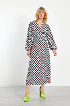 Glamorous Wrap Dressses|Midi & Midaxi Dresses|Checkboard Flower Long Sleeve Wrap Midi Dress -