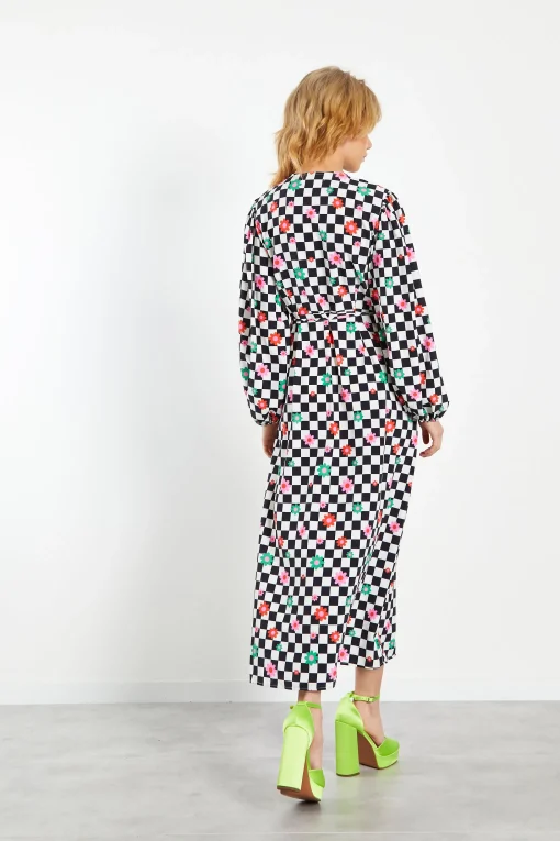 Glamorous Wrap Dressses|Midi & Midaxi Dresses|Checkboard Flower Long Sleeve Wrap Midi Dress -