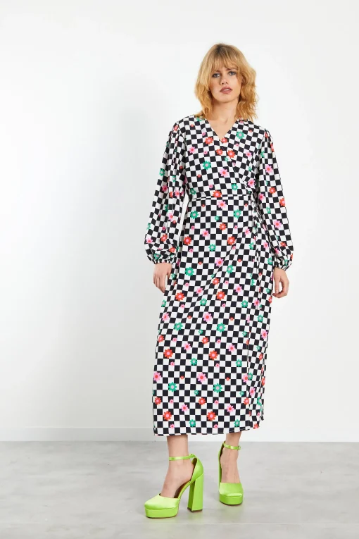 Glamorous Wrap Dressses|Midi & Midaxi Dresses|Checkboard Flower Long Sleeve Wrap Midi Dress -