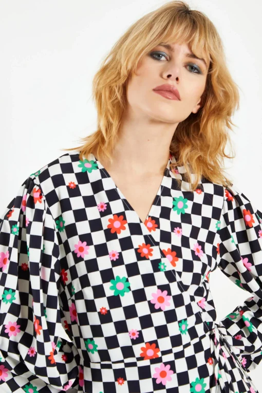 Glamorous Wrap Dressses|Midi & Midaxi Dresses|Checkboard Flower Long Sleeve Wrap Midi Dress -