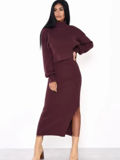 Glamorous Knitted Skirts|Midi & Midaxi Skirts|Chocolate Plum Side Split Knit Midi Skirt -