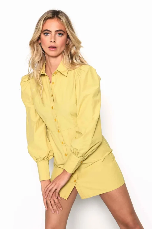 Glamorous Chic Escapes|Mini Dresses|Citron Puff Sleeve Mini Shirt Dress -