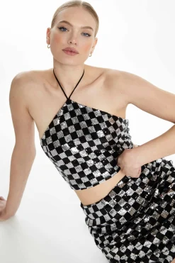 Glamorous Going Out Tops|Go To Partywear|Collection Black Silver Check Sequin Halter-neck Crop top wi -