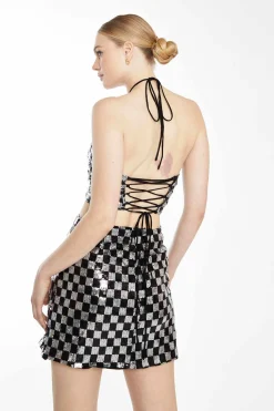 Glamorous Going Out Tops|Go To Partywear|Collection Black Silver Check Sequin Halter-neck Crop top wi -