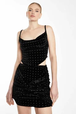 Glamorous Going Out Skirts|Go To Partywear|Collection Black Diamante Velvet Mini Skirt with Twist Front -