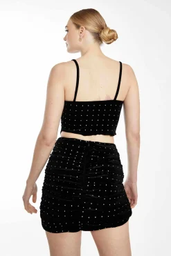 Glamorous Going Out Skirts|Go To Partywear|Collection Black Diamante Velvet Mini Skirt with Twist Front -