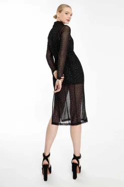 Glamorous Go To Partywear|Party Dresses|Collection Black Diamante Mesh Long Sleeve Midi Dress -