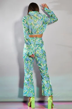 Glamorous Go To Partywear|Co-ords|Collection Metallic Swirl Floral Crop Flared Trousers -