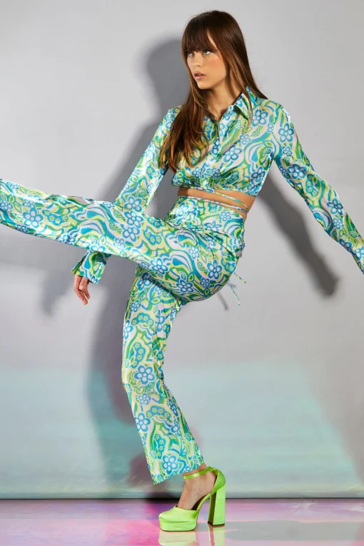 Glamorous Go To Partywear|Co-ords|Collection Metallic Swirl Floral Crop Flared Trousers -