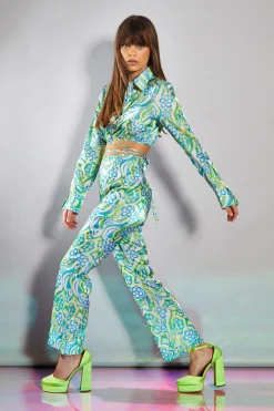 Glamorous Going Out Tops|Go To Partywear|Collection Metallic Swirl Floral Long Sleeve Cropped Sleeve -