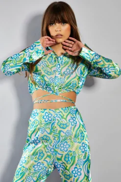 Glamorous Going Out Tops|Go To Partywear|Collection Metallic Swirl Floral Long Sleeve Cropped Sleeve -