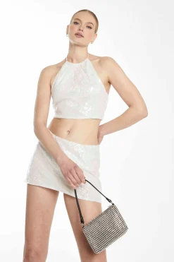 Glamorous Going Out Tops|Go To Partywear|Collection Silver Sequin Halterneck Crop Top with Lace-up Ba -