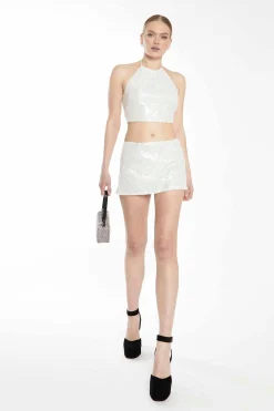 Glamorous Going Out Tops|Go To Partywear|Collection Silver Sequin Halterneck Crop Top with Lace-up Ba -