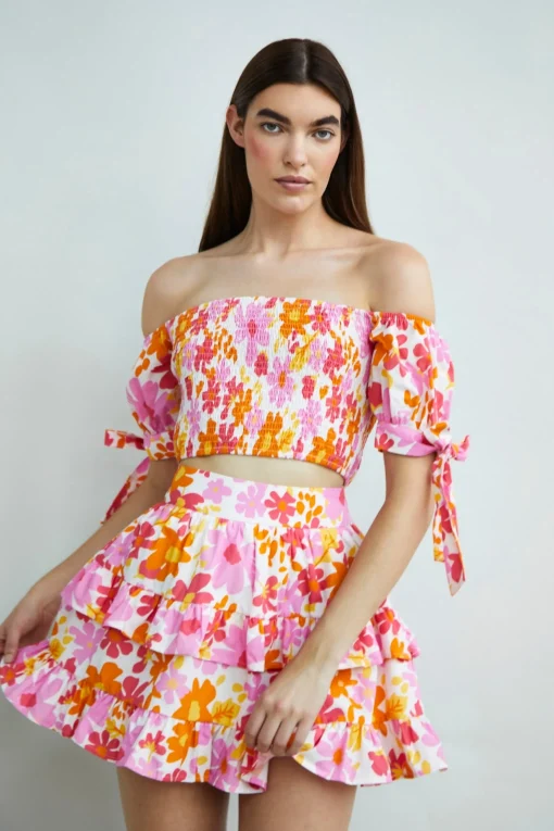 Glamorous Co-ords|Crops, Corsets & Bodysuits|Collection Smocked Bardot Puff Sleeve Crop Top -