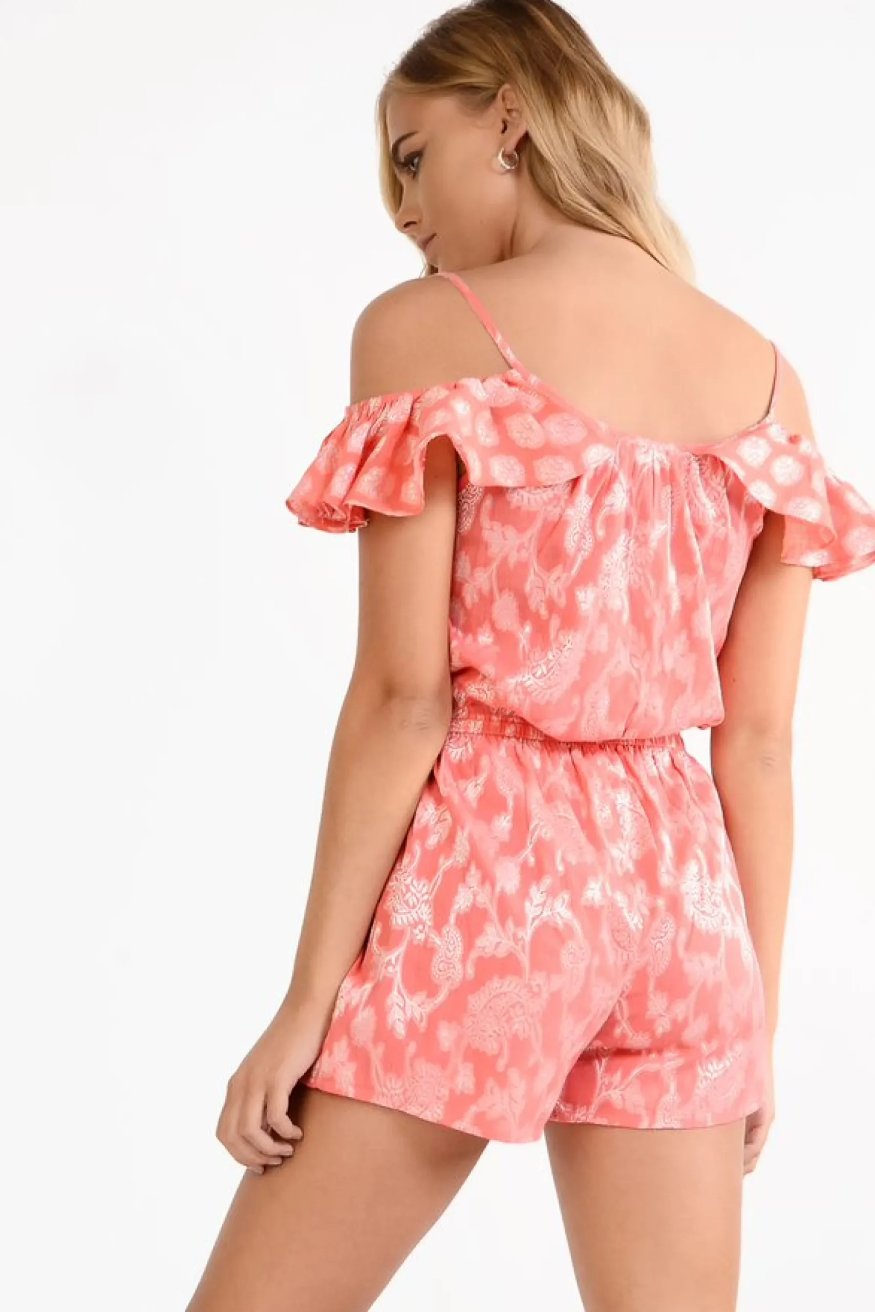 Glamorous Playsuits|Coral Damask Print Off The Shoulder Playsuit -