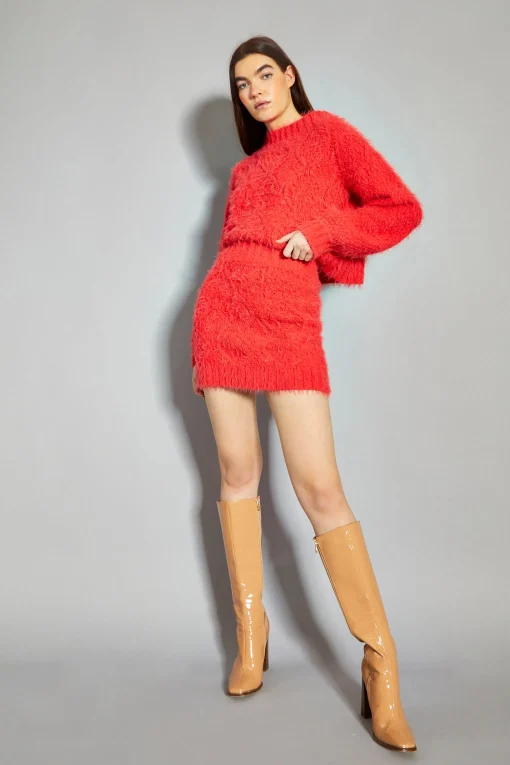 Glamorous Co-ords|Knitted Co-ords|Coral Red Knit Long Sleeve Jumper -