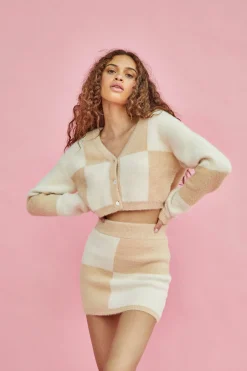 Glamorous Cardigans|Cream Beige Intarsia V-Neck Cardigan -