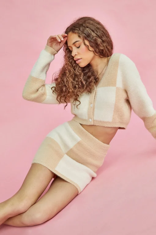 Glamorous Knitted Skirts|Mini Skirts|Cream Beige Intarsia Knitted Mini Skirt -
