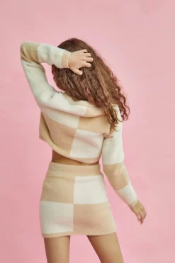 Glamorous Knitted Skirts|Mini Skirts|Cream Beige Intarsia Knitted Mini Skirt -