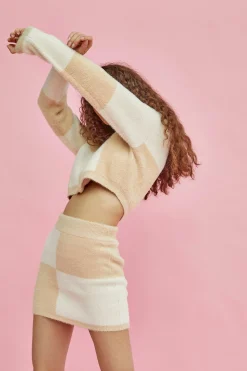 Glamorous Knitted Skirts|Mini Skirts|Cream Beige Intarsia Knitted Mini Skirt -