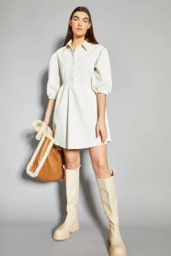 Glamorous Day Dresses|Cream Corduroy Puff Sleeve Skater Shirt Dress -