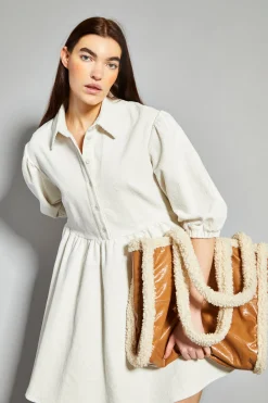 Glamorous Day Dresses|Cream Corduroy Puff Sleeve Skater Shirt Dress -